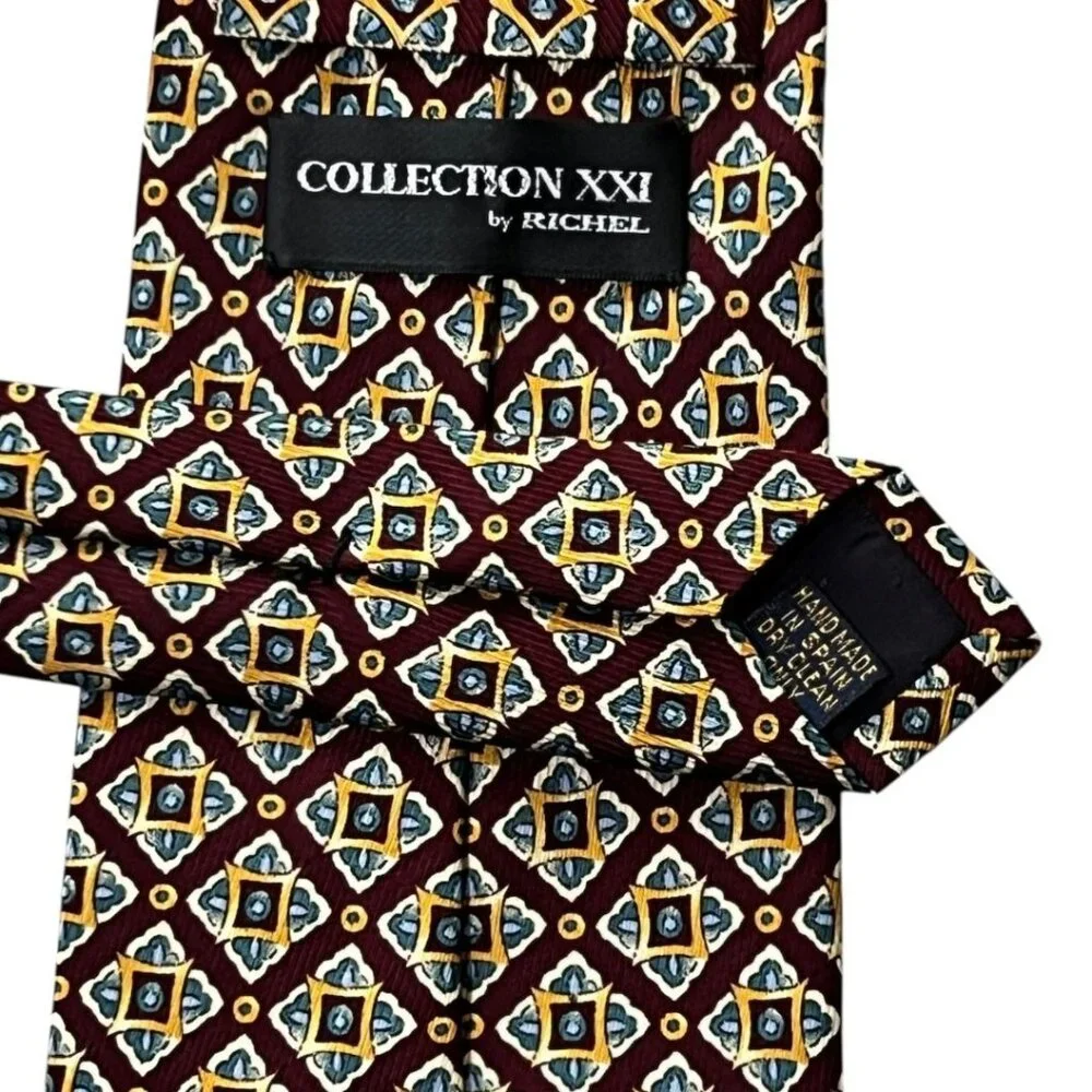 Collection XXI by Richel Men's 100% Silk Tie Burgundy Blue Yellow Geometric 90's
